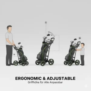 Der verstellbare Griff des faltbarer golf trolley leicht ermöglicht eine komfortable Nutzung für alle Körpergrößen.