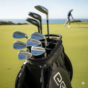 Ein Bild einer Golftasche mit einem vollständigen Golf Wedge Set für Profis, das die strategische Schlägeranordnung auf dem Platz demonstriert.