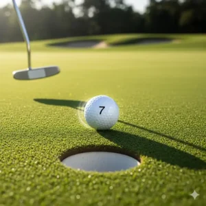 Ein Golfball rollt in Richtung Loch, nachdem er mit einem präzisen Golf-Putter geschlagen wurde, was die erfolgreiche Bewegung veranschaulicht.