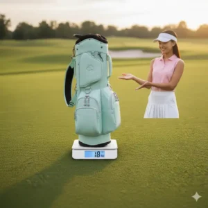 Ein Bild, das das geringe Gewicht einer leichte Golftasche Damen auf einer Waage zeigt.