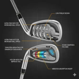 Ein Diagramm, das die Technologie und Merkmale von einem hochwertigen günstiges eisen set golf zeigt, das für verbesserte Leistung entwickelt wurde.