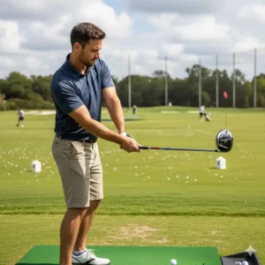 Ein Mann probiert ein Golfschläger Set für Anfänger aus, um zu sehen, wie es sich anfühlt.