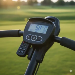 Detailansicht der intuitiven Fernbedienung oder Steuerung eines elektrischen Golf-Trolleys, der günstig in der Anschaffung ist.