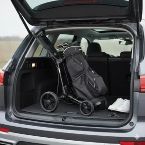 Ein zusammengeklappter, leichter elektrischer Golf-Trolley, der günstig ist und in den Kofferraum eines Autos passt.