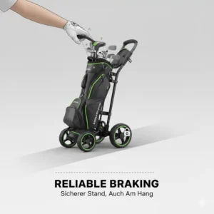Ein visuelles Beispiel des zuverlässigen Bremssystems des faltbarer golf trolley leicht auf abschüssigem Gelände.