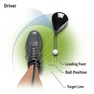Die ideale Positionierung des Balls im Verhältnis zum vorderen Fuß bei einem Schlag mit dem Driver.