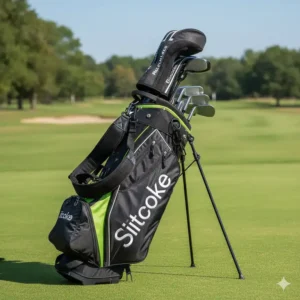 Eine Golftasche mit einem erfolgreich installierten Golf tasche trageriemen ersatz, bereit für eine Golfrunde.