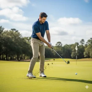 Ein professioneller Golfer, der ein Hochleistungs-Golf Wedge für Profis für einen präzisen Annäherungsschlag in der Nähe des Grüns verwendet.