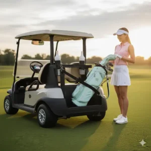 Eine leichte Golftasche Damen, die am Rücken eines Golf-Carts befestigt ist.