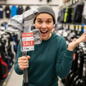 Eine Person hält ein neu gekauftes günstiges eisen set golf in der Hand und zeigt die Begeisterung über ein tolles Angebot.