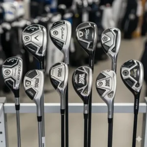 Eine Auswahl an Golf Hybrid Schlägern in verschiedenen Ausführungen und Marken, die zum Kaufen bereitstehen.
