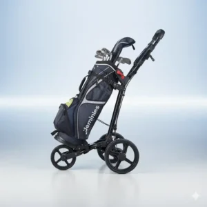 Seitenansicht des 3-Rad golf trolley klein leicht in seiner kompakten Form.