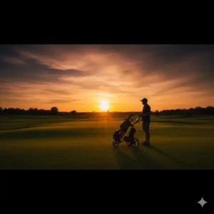  Ein Golfer am 18. Loch mit seinem golf trolley 3 räder stabil bei Sonnenuntergang.