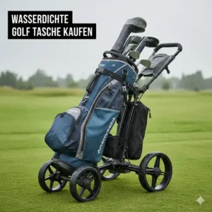 Eine wasserdichte Golf Tasche sicher auf einem Golftrolley montiert, um das kaufen für Trolley-Nutzer zu erleichtern.