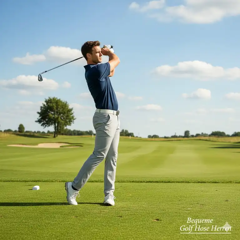 Mann beim Golf-Abschlag in einer bequeme golf hose herren mit perfektem Tragekomfort und Stretch-Eigenschaften.