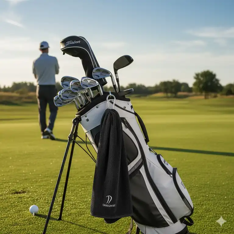 Premium golf handtuch mit clip befestigt an einem Golfbag.