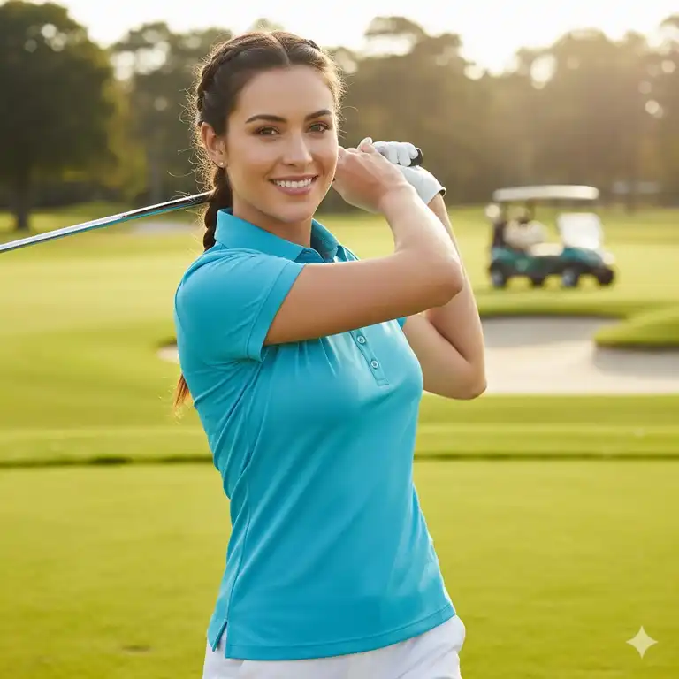 Golf Oberteile Damen modisch im türkisen Poloshirt, bereit für den Abschlag auf dem grünen Golfplatz.