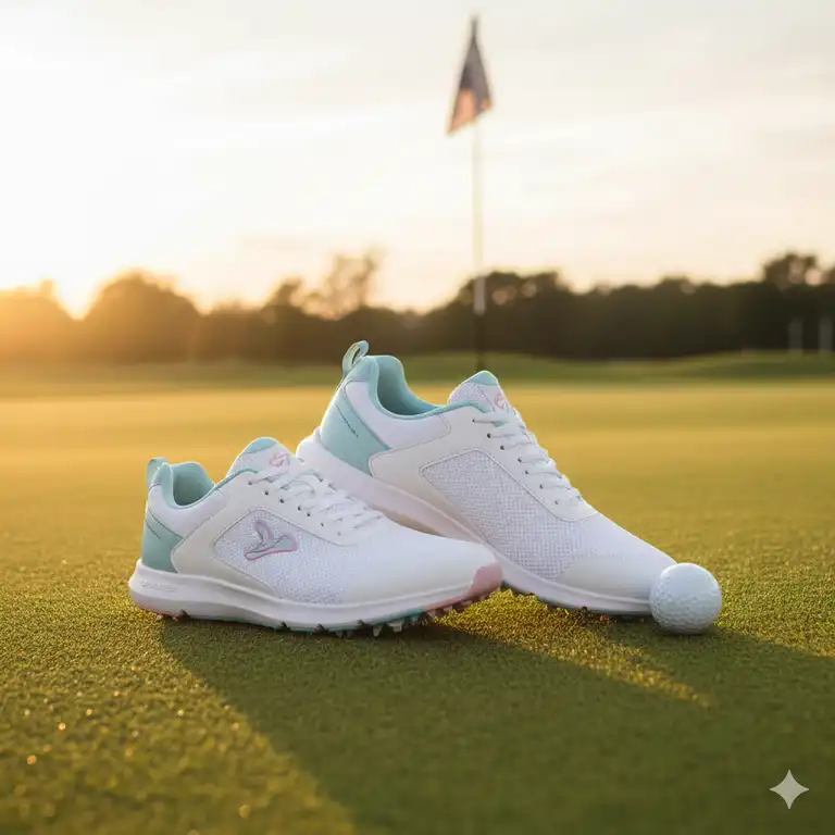 Leichte Golf Schuhe Damen in Weiß/Türkis auf dem Green, perfekt für Komfort und Stabilität.