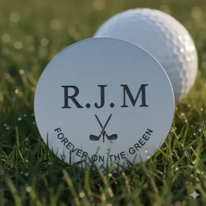 Nahaufnahme: Initialen Gravur auf einem golf ball marker personalisiert für individuelle Kennzeichnung.