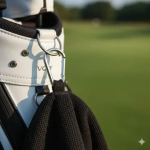 Nahaufnahme eines golf handtuch mit clip am Golfbag befestigt.