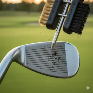 Detailaufnahme der golf schläger bürste 3 in 1 mit Karabiner-Clip, ideal für die Befestigung am Golfbag.