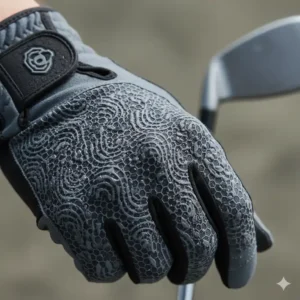 Detailaufnahme der handfläche: Rutschfester grip auf winter golf handschuhe herren für nasse Bedingungen.