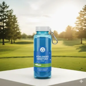 Detailansicht des kühlendes handtuch golf in der kompakten, wiederverwendbaren transportflasche mit karabiner