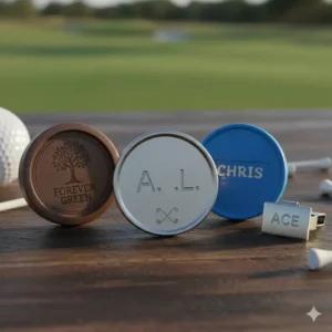 Auswahl an unterschiedlichen Modellen: Holz und Metall golf ball marker personalisiert.