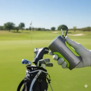 Golf ball reiniger tragbar mit kompaktem Design in der Hand eines Spielers.