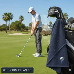 Befestigung des golf handtuch saugfähig amazon mit einem stabilen karabiner am golfbag.