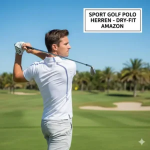 Athletischer Golfer im Schwung, trägt ein weißes Golf Polo Shirt Herren Amazon und zeigt Bewegungsfreiheit.