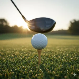Ein einzelnes golf tee holz aus der packung steckt im Boden mit einem Golfball darauf.