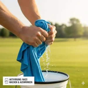Schritte zur aktivierung: hände halten das nasse kühlendes handtuch golf beim auswringen des überschüssigen wassers