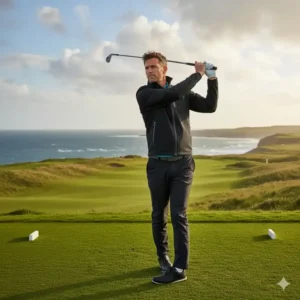 Golfer macht Schwung mit der leichten winddichte golf jacke kaufen für Bewegungsfreiheit.