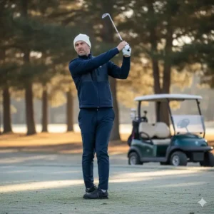 Golfer beim Schwung: Die flexible winter golf jacke herren garantiert uneingeschränkte Bewegungsfreiheit.