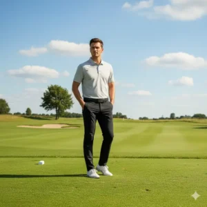 Stehender Golfer, der die moderne Passform der bequeme golf hose herren in Dunkelblau präsentiert.