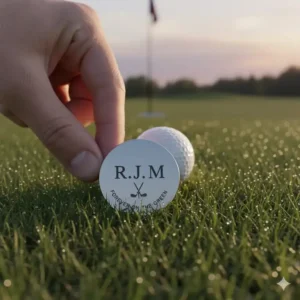 Golfer nutzt den golf ball marker personalisiert, um die Position des Balls auf dem Green zu markieren.