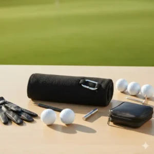 Set-Ansicht: golf handtuch mit clip und passendes Golfzubehör.