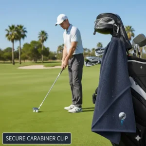 Befestigung des golf handtuch saugfähig amazon mit einem stabilen karabiner am golfbag.