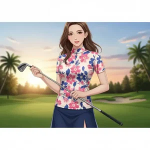 Golf Oberteile Damen modisch mit elegantem Print-Design, kombiniert mit einem Golfrock für einen stylischen Look.