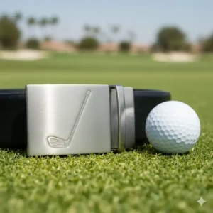 Detailaufnahme der Metallschnalle eines schwarzen Leder golf gürtel herren amazon.