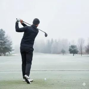 Golfer macht einen golfschwung und trägt winter golf handschuhe herren für Performance bei niedrigen Temperaturen.
