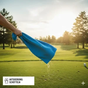 Eine person schüttelt das feuchte kühlendes handtuch golf in der luft, um den kühlungseffekt zu starten
