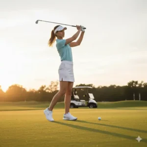 Golferin beim Abschlag mit den bequemen leichte Golf Schuhe Damen im Sonnenuntergang.