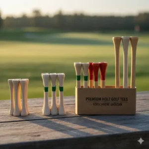 Ein einzelnes golf tee holz aus der packung steckt im Boden mit einem Golfball darauf.