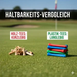 Direktvergleich der golf tees plastik langlebig mit Holz-Tees, hebt die Dauerhaftigkeit hervor.