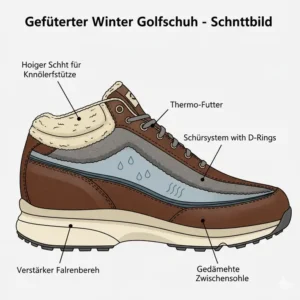 Schnittbild eines hohen, gefütterten winter golf schuhe wasserdicht Modells für maximale Wärme.