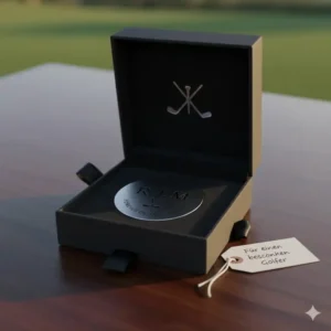 Geschenkidee für Golfer: Ein eleganter golf ball marker personalisiert in einer Geschenkverpackung.