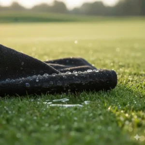 Hohe Feuchtigkeitsaufnahme eines golf handtuch mit clip auf dem Rasen.