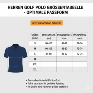 Offizielle Größentabelle für das perfekte Golf Polo Shirt Herren Amazon, hilft bei der Passform.